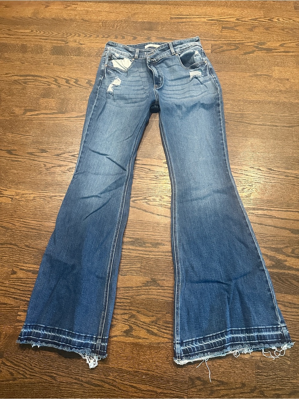 KanCan Blue Distressed Flare Jeans with Raw Hem